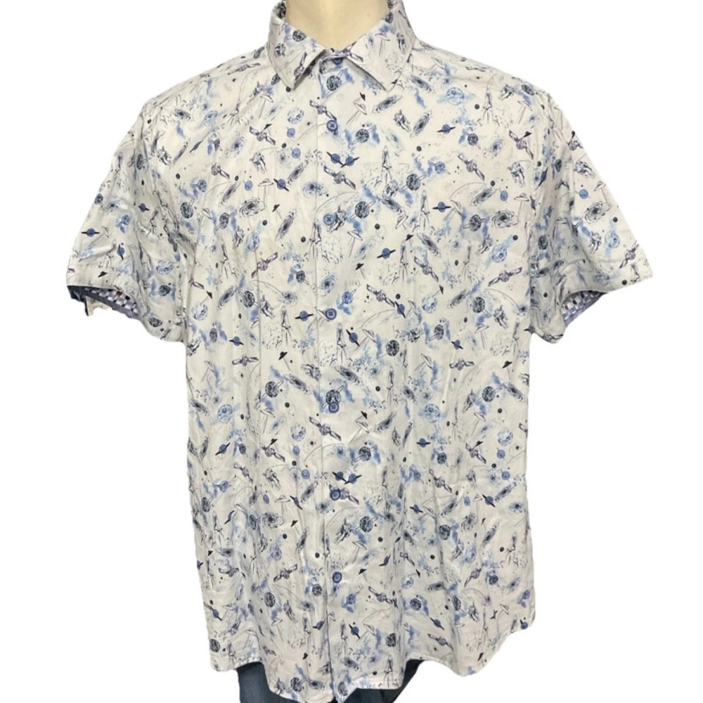 Men's Short-Sleeve White Shirt with Blue Floral Print